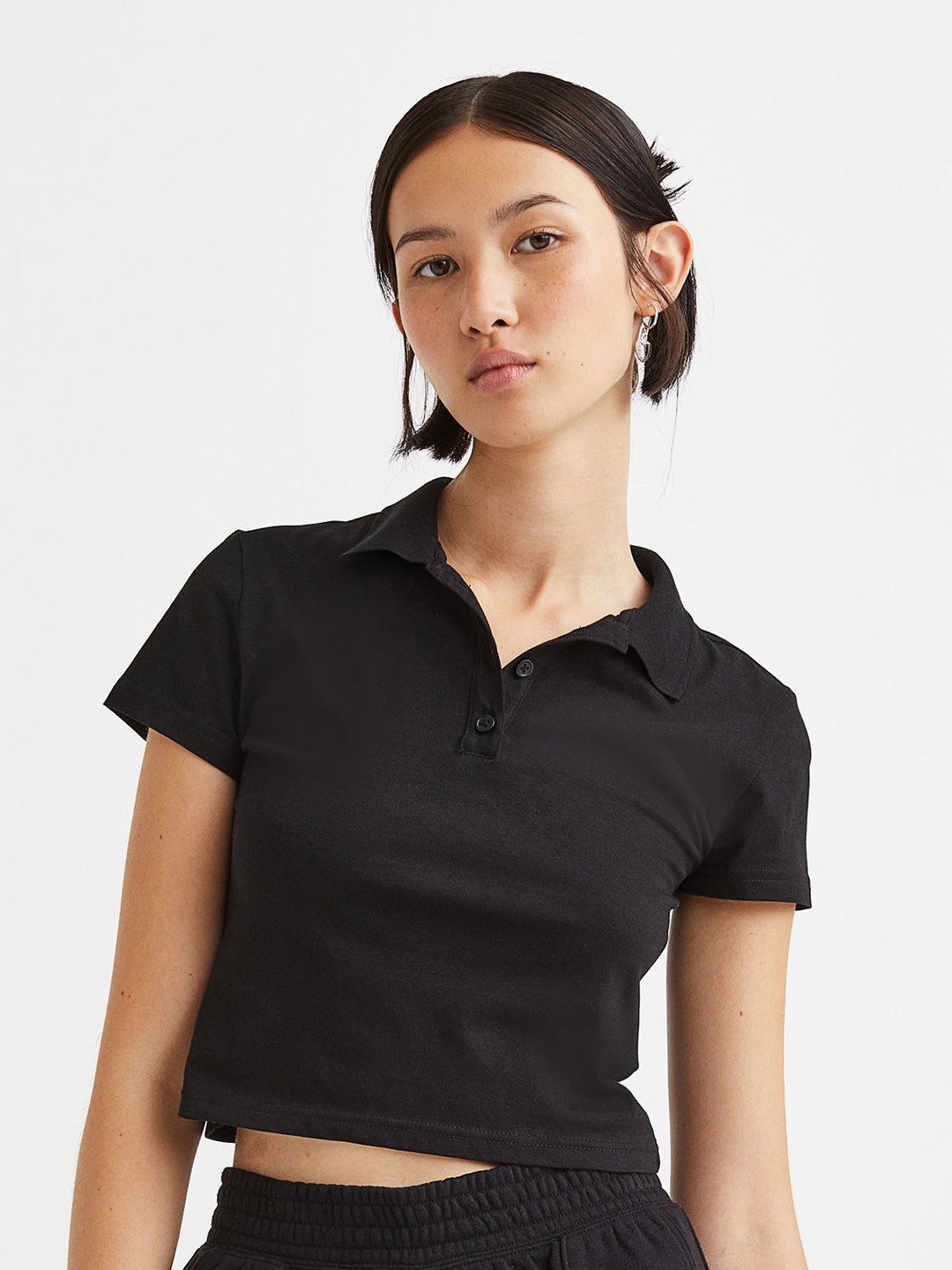 

H&M Women Cotton Polo Shirt, Black