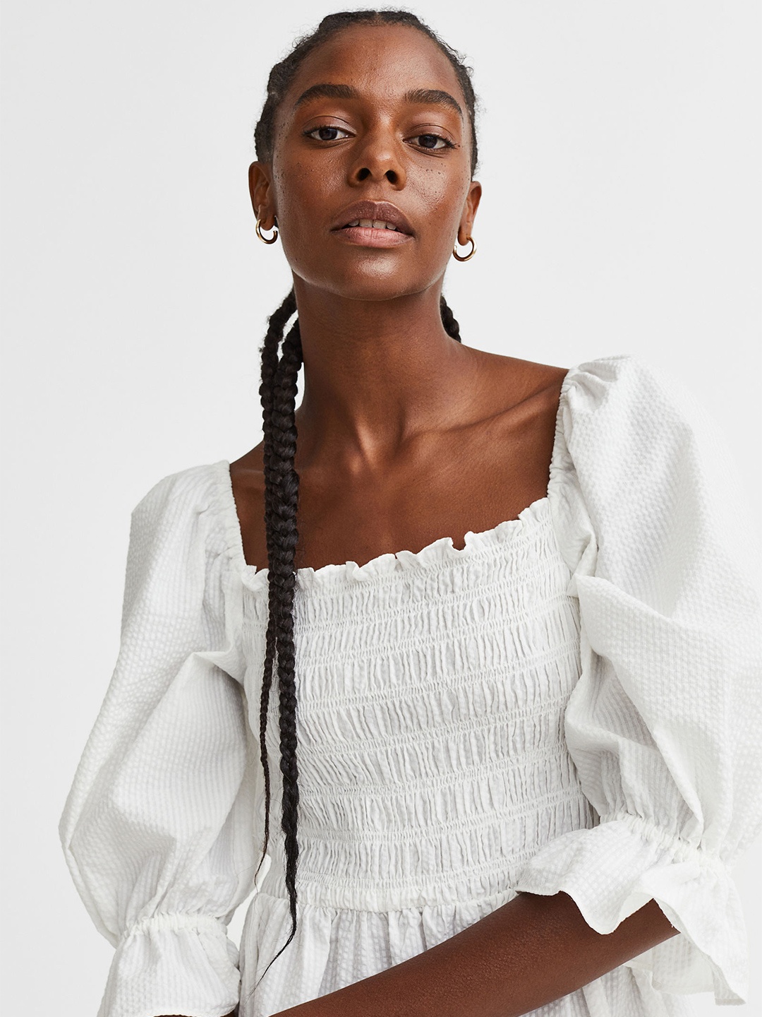 

H&M Woman Puff-sleeved seersucker dress, White