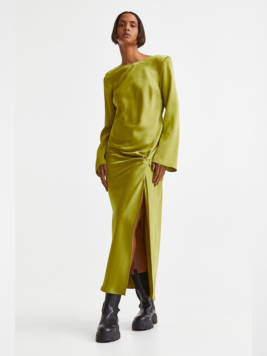 

H&M Women Knot-Detail Satin Dress, Green