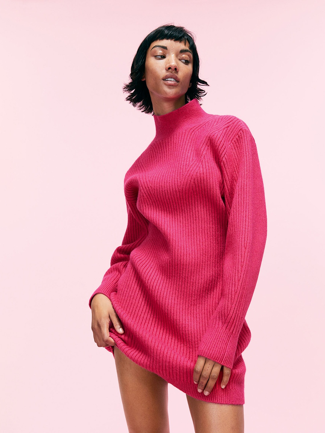 

H&M Women Pink Ribbed Turtle Neck Dress