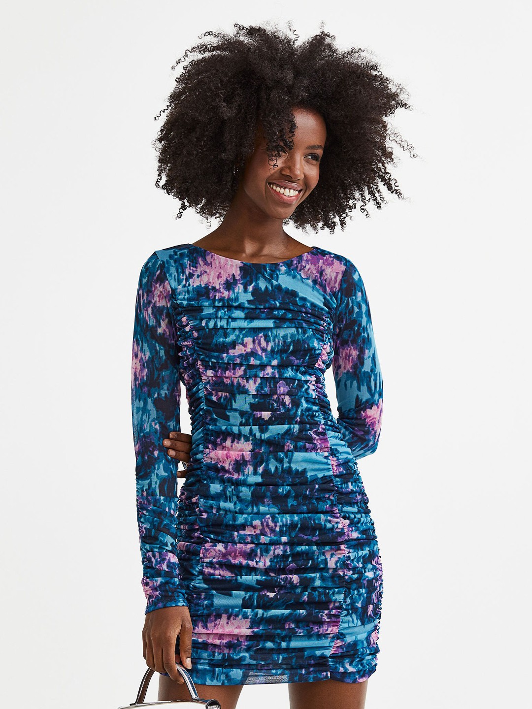 

H&M Women Gathered Mesh Dress, Blue