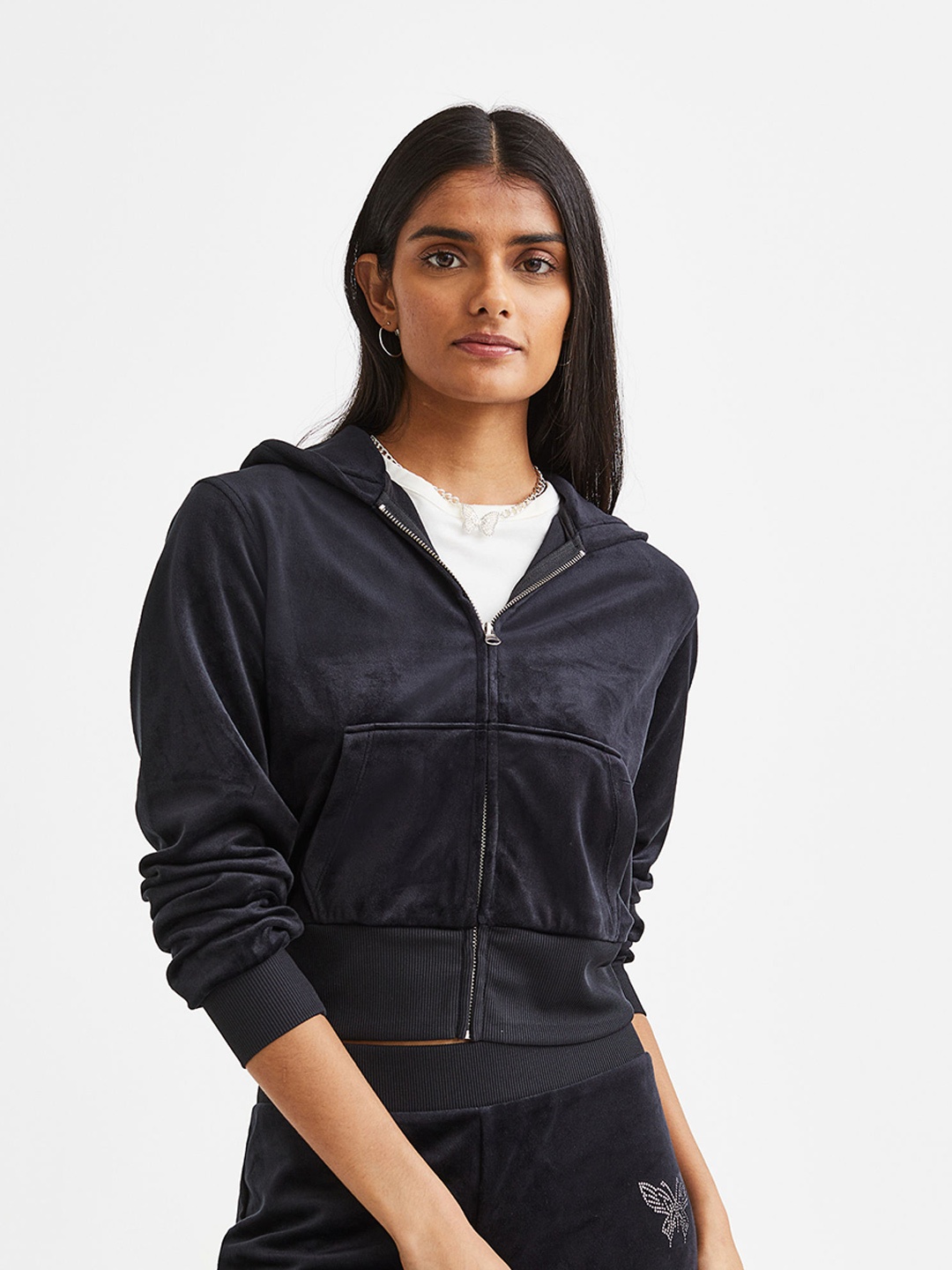 

H&M Women Velour Zip-Through Hoodie, Black