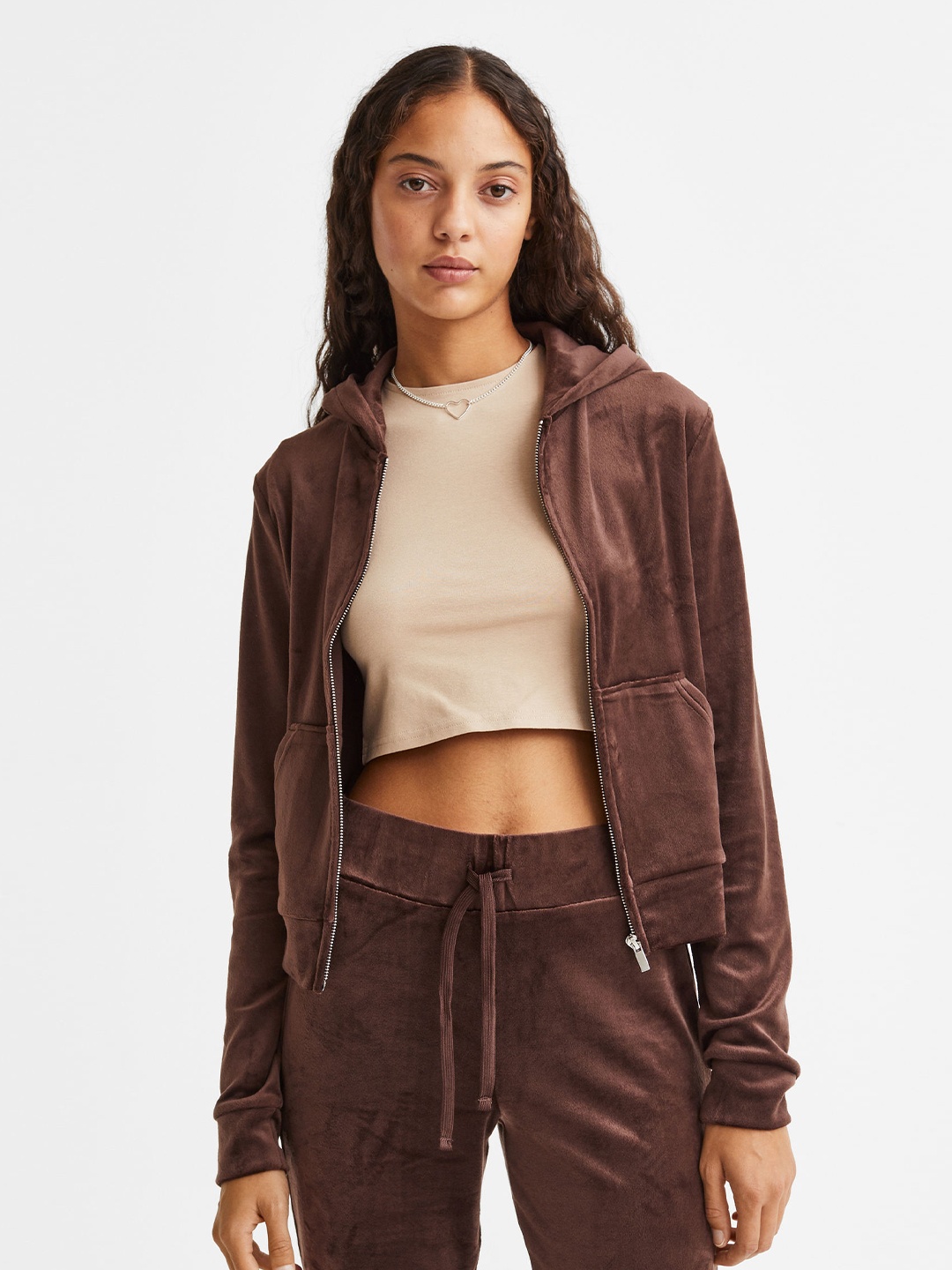 

H&M Velour Zip-Through Hoodie, Brown