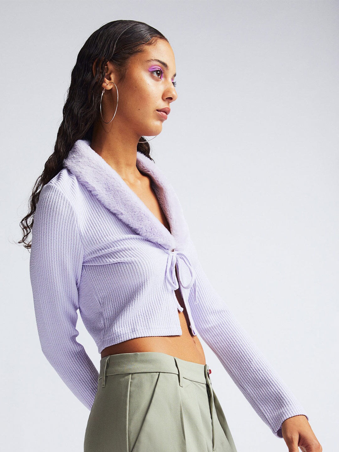 

H&M Women Cropped Tie-Front Cardigan, Purple