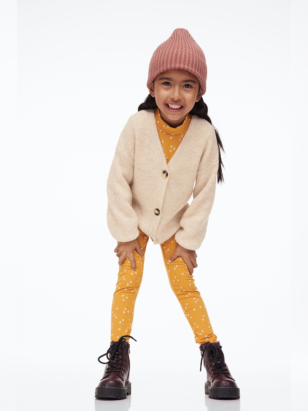 

H&M Girls 3 Piece Self Design Cardigan Sweater Set, Beige