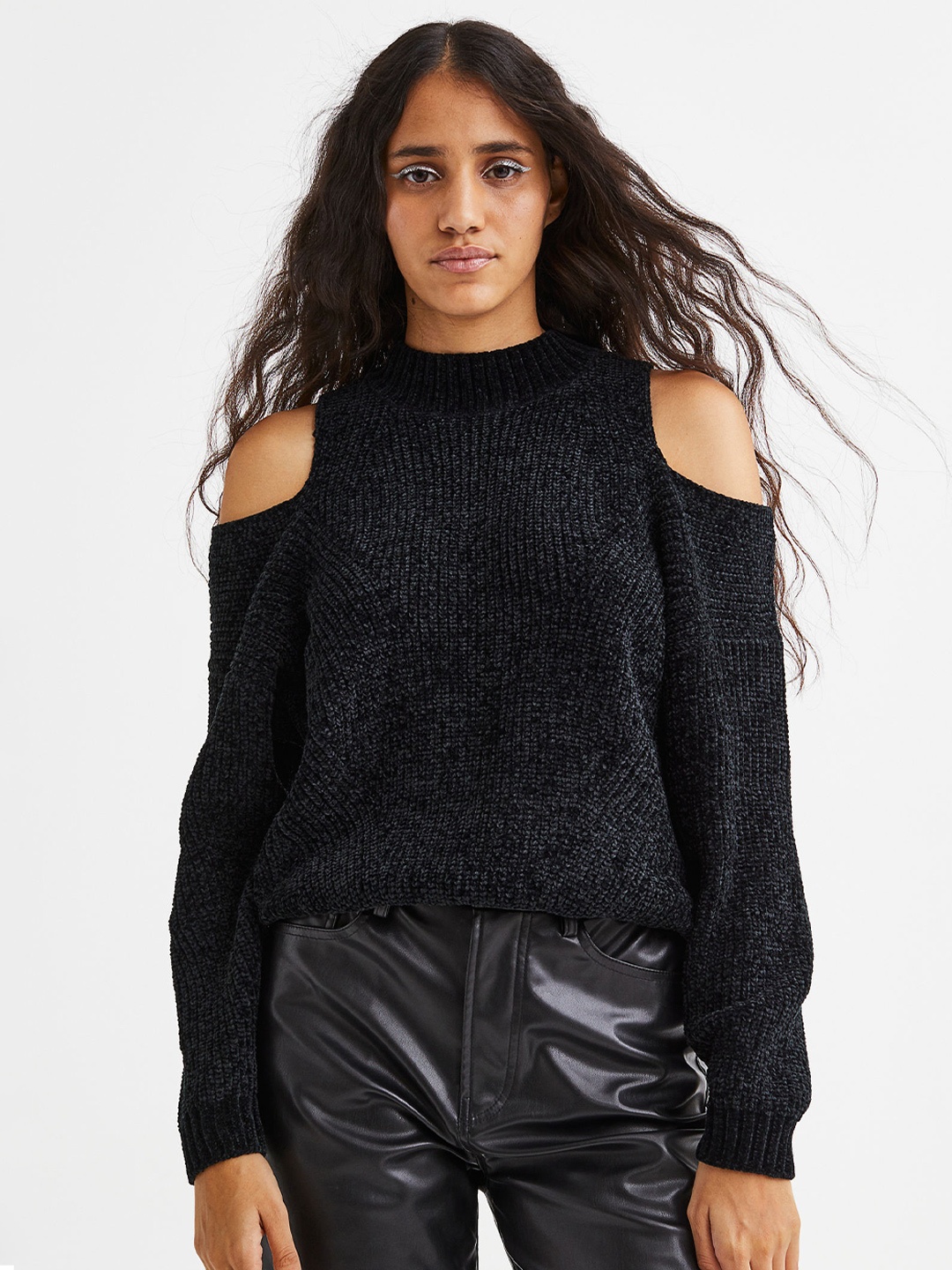 

H&M Women Self Design Pullover Sweater, Black
