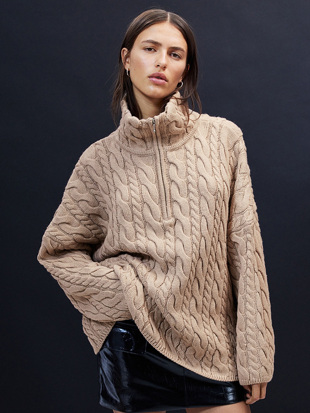

H&M Women Self Design Knitted Pullover Sweater, Beige
