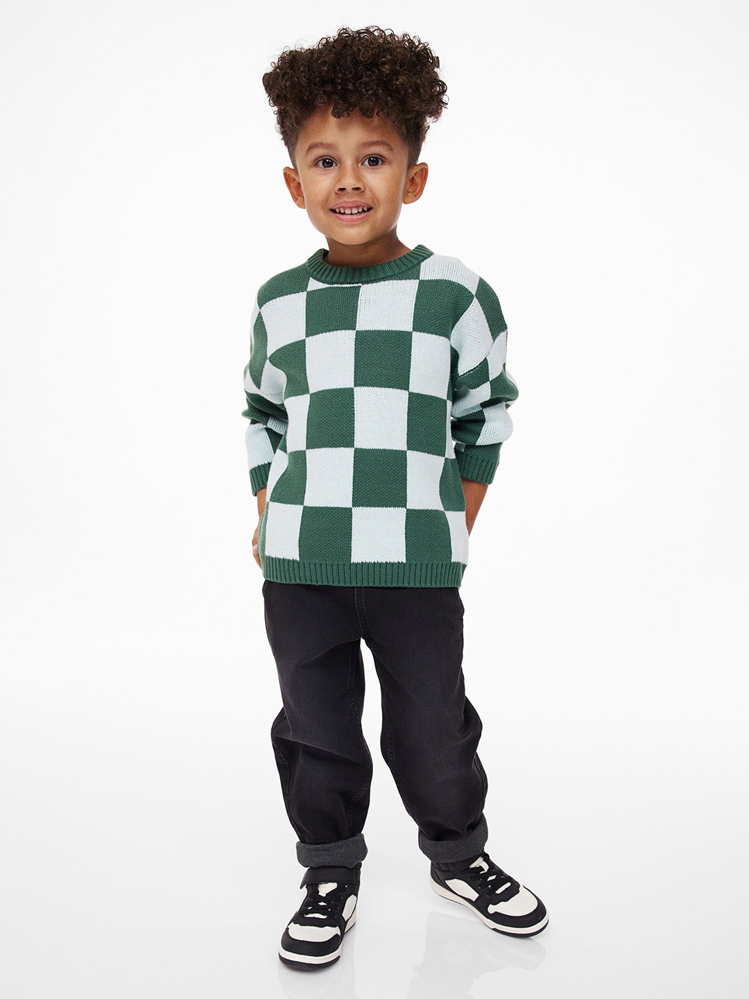 

H&M Boys Checked Cotton Pullover Sweater, Green