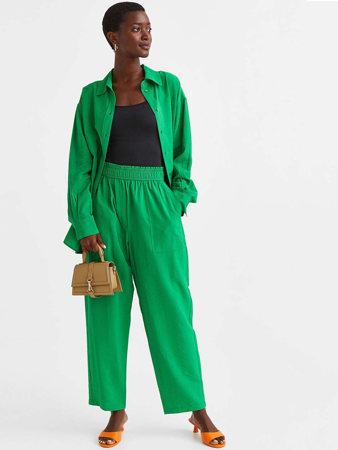 

H&M Women Loose Fit High-Rise Trousers, Green