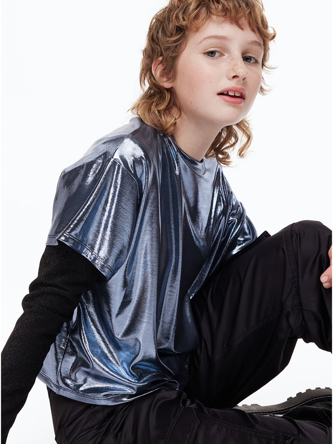 

H&M Girls Solid Shimmering Top, Blue