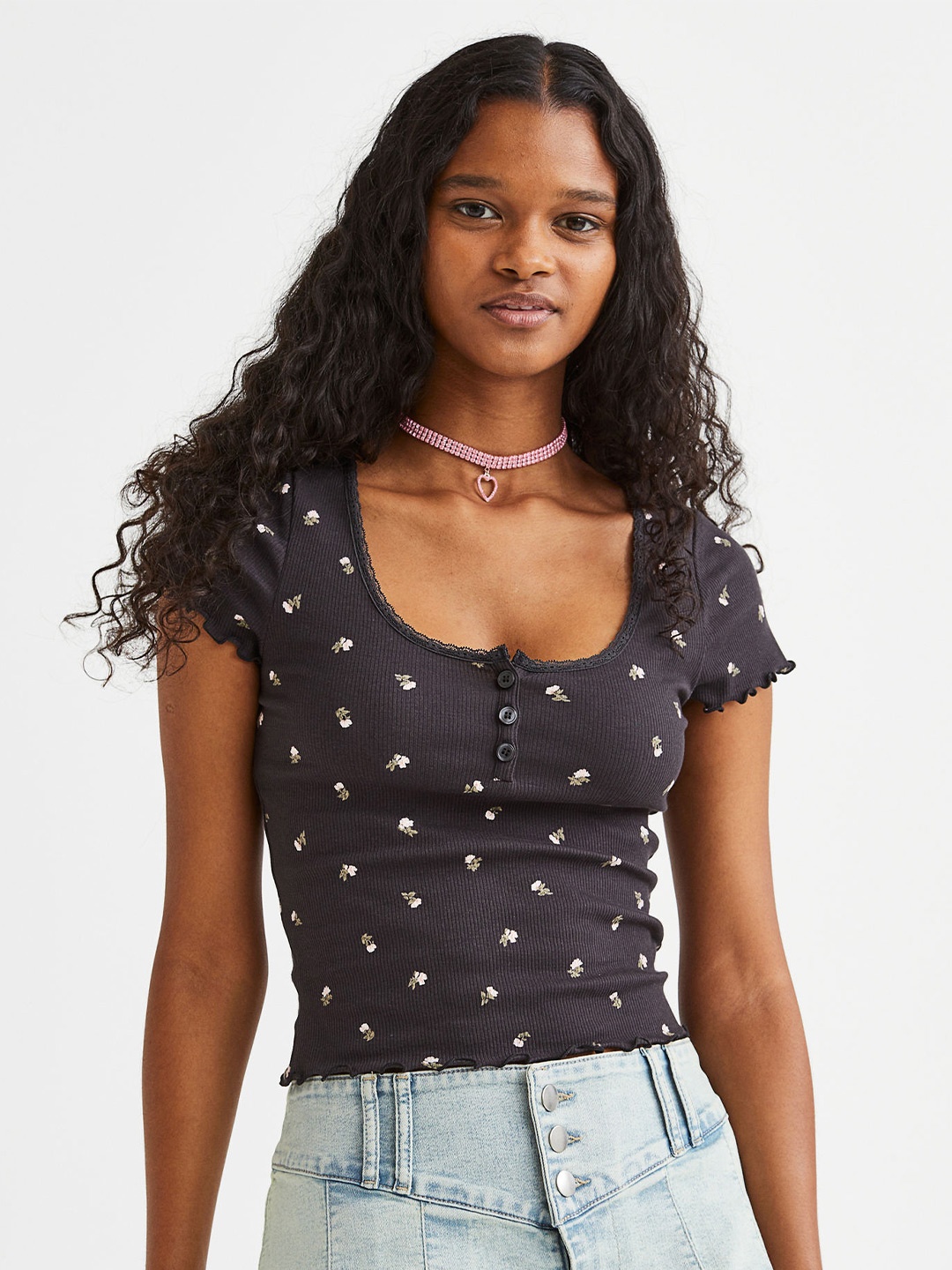 

H&M Women Lace-Trimmed Ribbed Top, Black