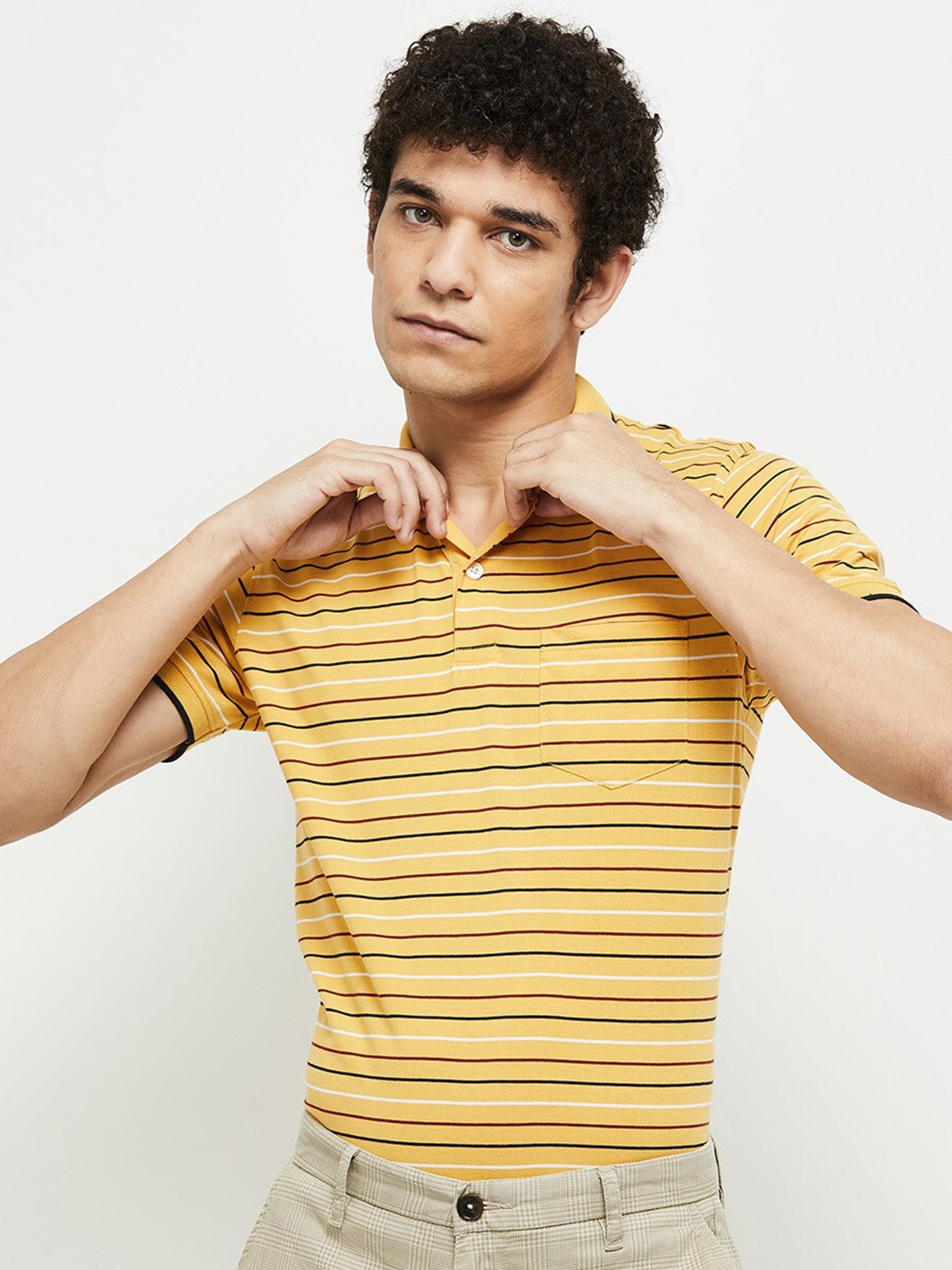 

max Men Mustard Yellow & Black Striped Polo Collar T-shirt
