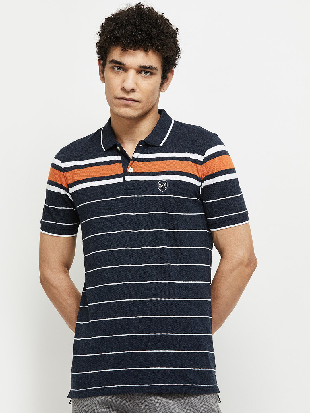 

max Men Blue & Orange Striped Polo Collar Cotton T-shirt
