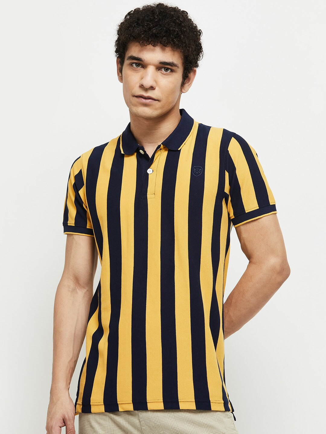 

max Men Mustard Yellow Striped Polo Collar Cotton T-shirt
