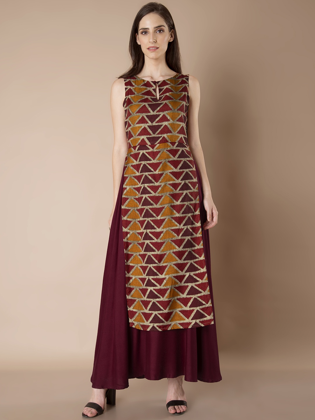 

INDYA Women Maroon & Orange Printed A-Line Kurta with Attached Skirt