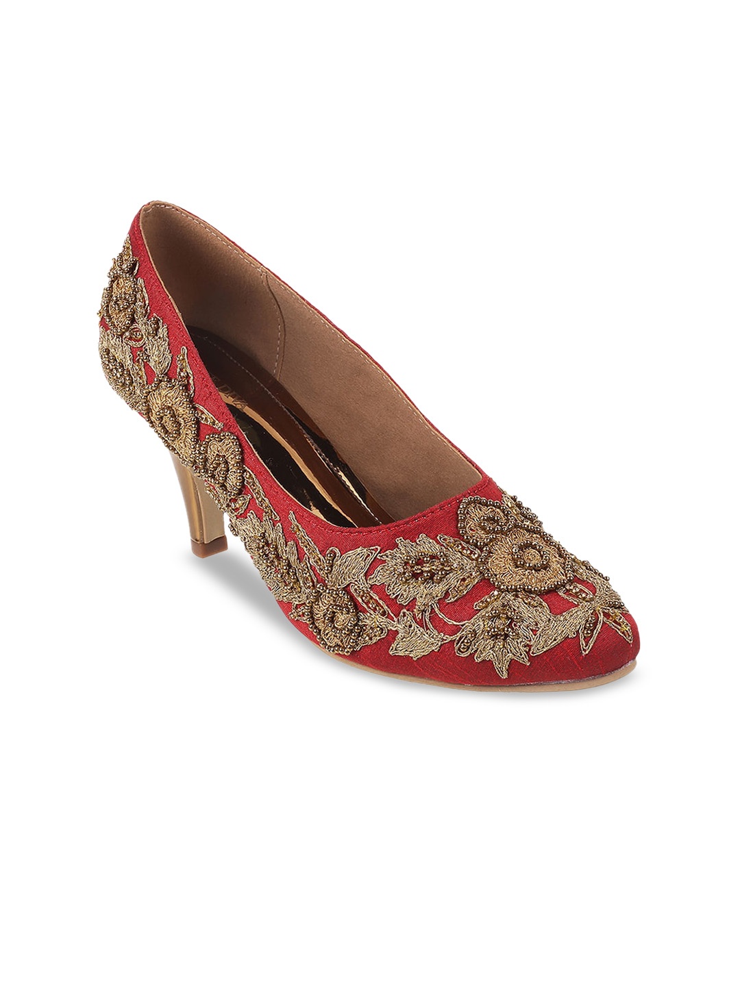 

Mochi Maroon & Gold-Toned Embellished Ethnic Block Pumps