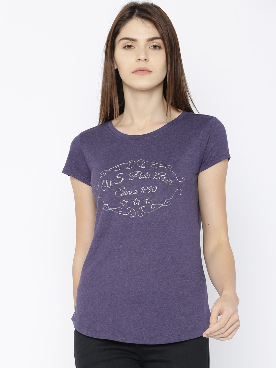 

U.S. Polo Assn. Women Purple Self-Design Round Neck T-shirt