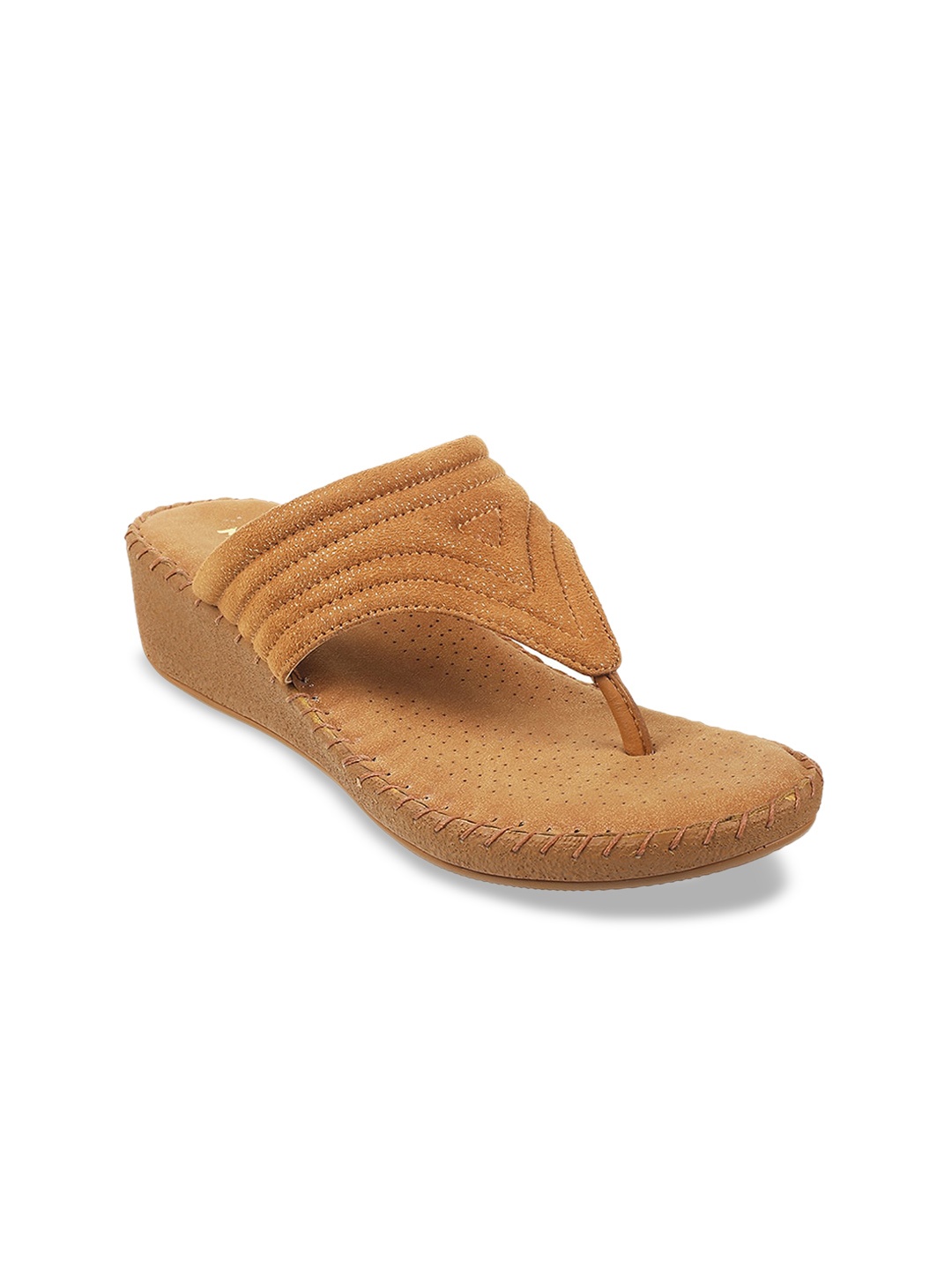 

Mochi Women Tan Woven Design Synthetic T-Strap Flats