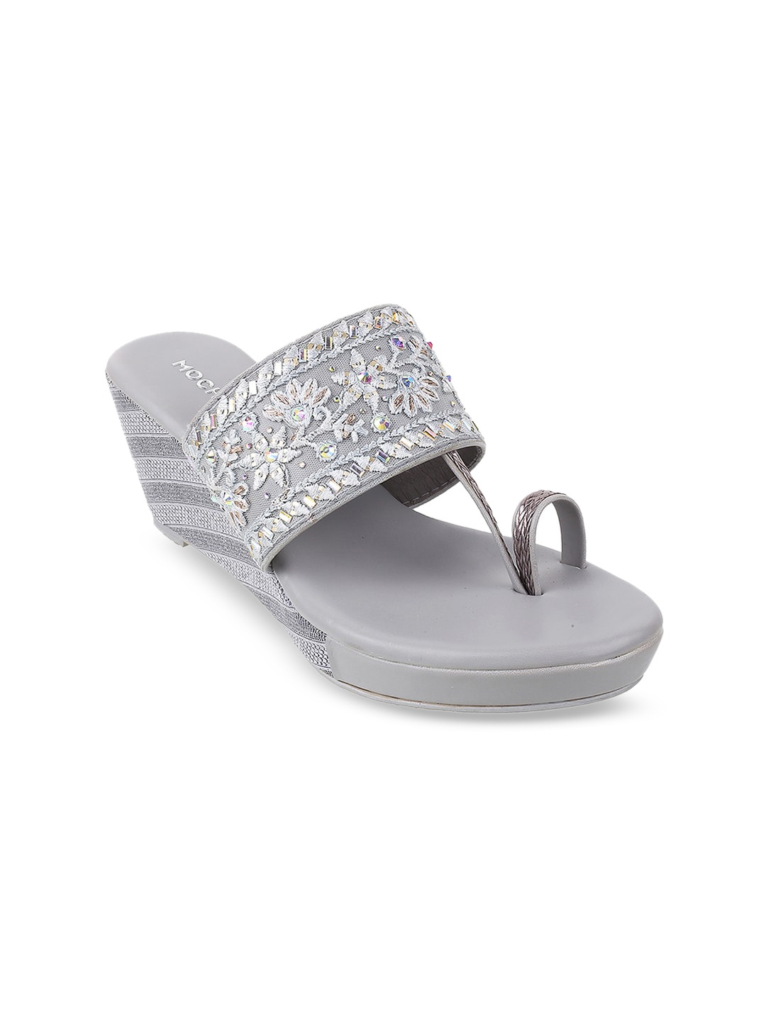 

Mochi Grey & Silver-Toned Embellished Ethnic Wedge Heels