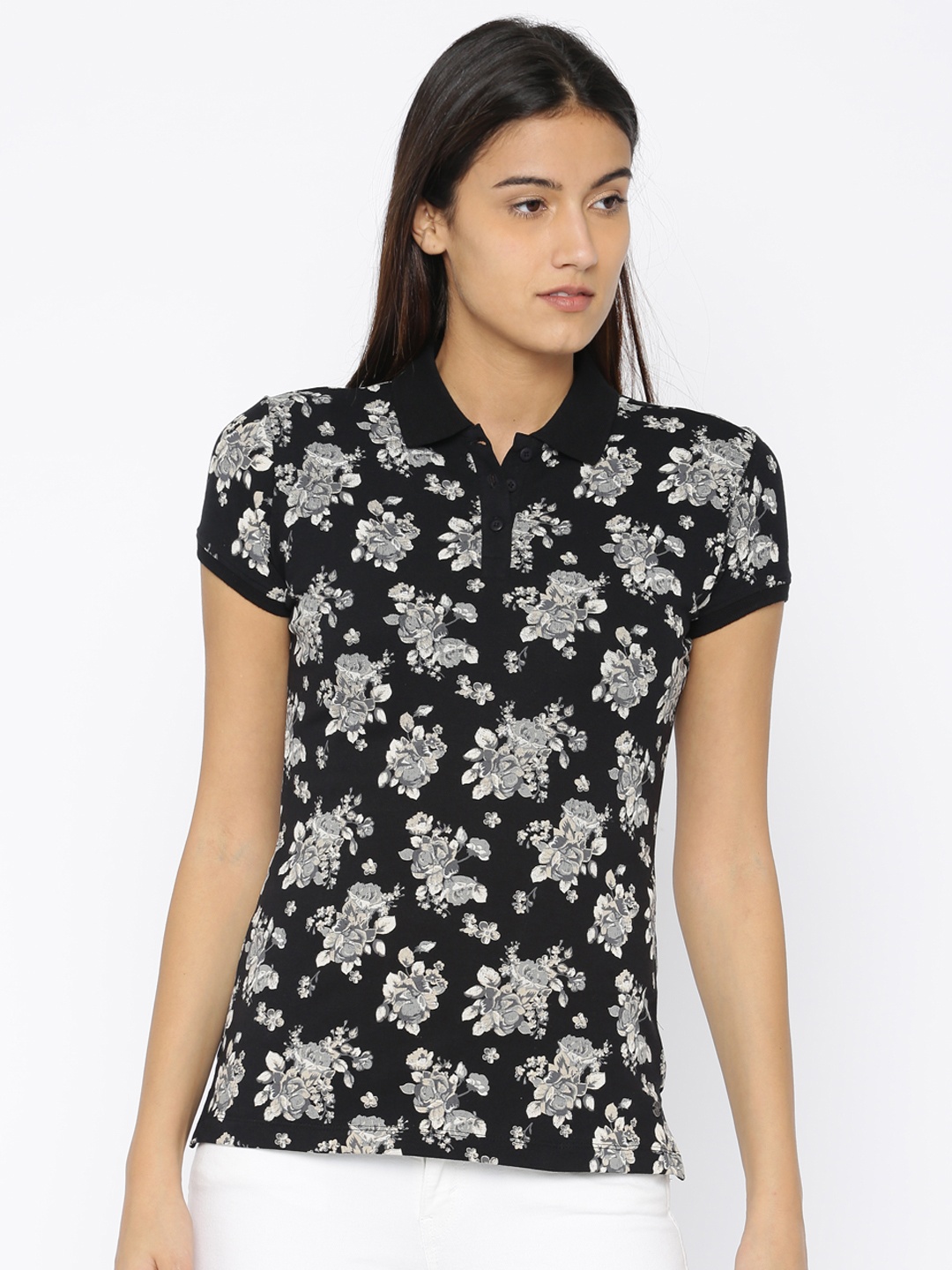 

U.S. Polo Assn. Women Black Printed Polo Collar T-shirt