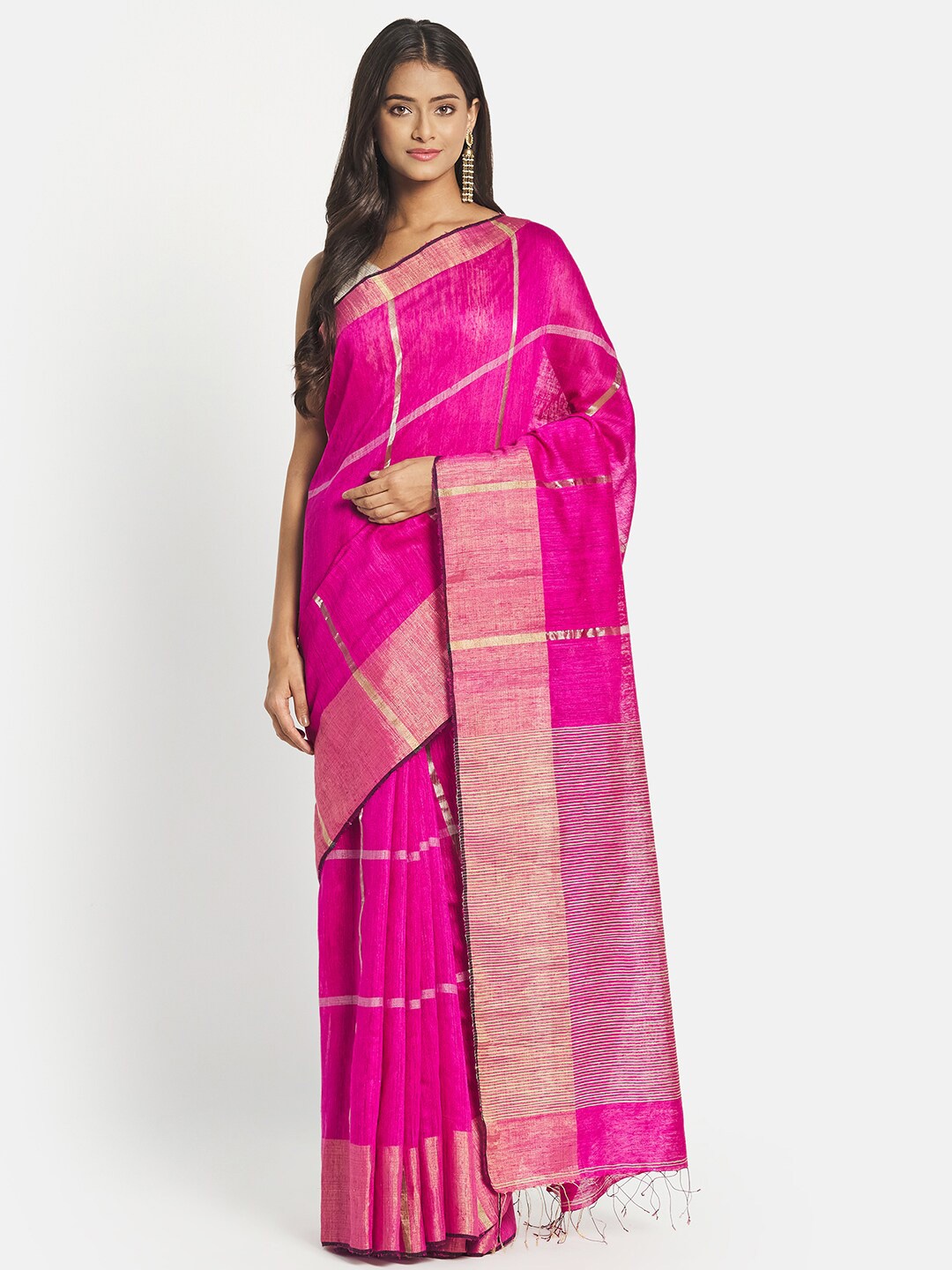 

Fabindia Pink & Gold-Toned Striped Zari Pure Silk Saree