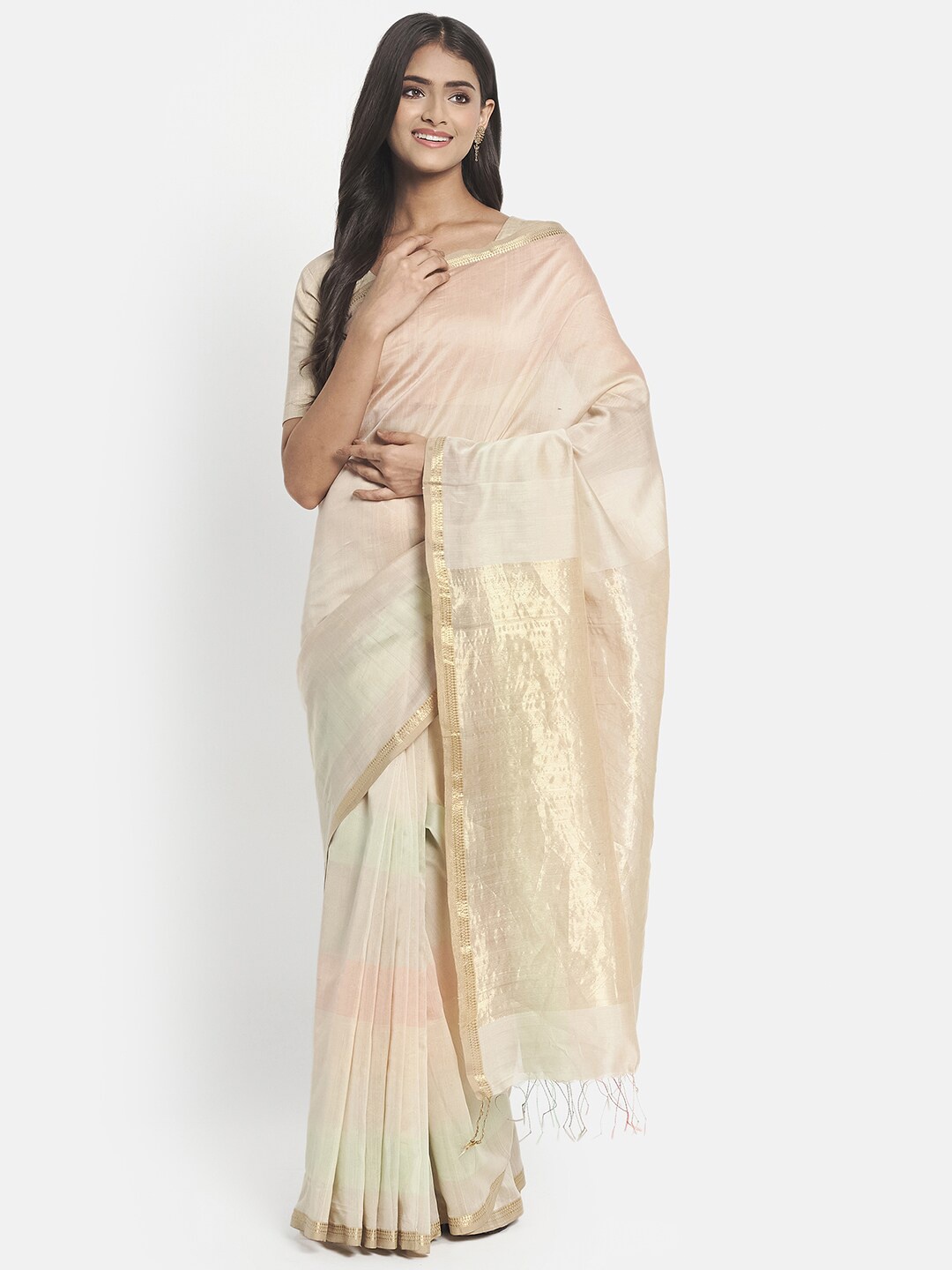 

Fabindia Gold-Toned Woven Design Zari Silk Cotton Maheshwari Saree