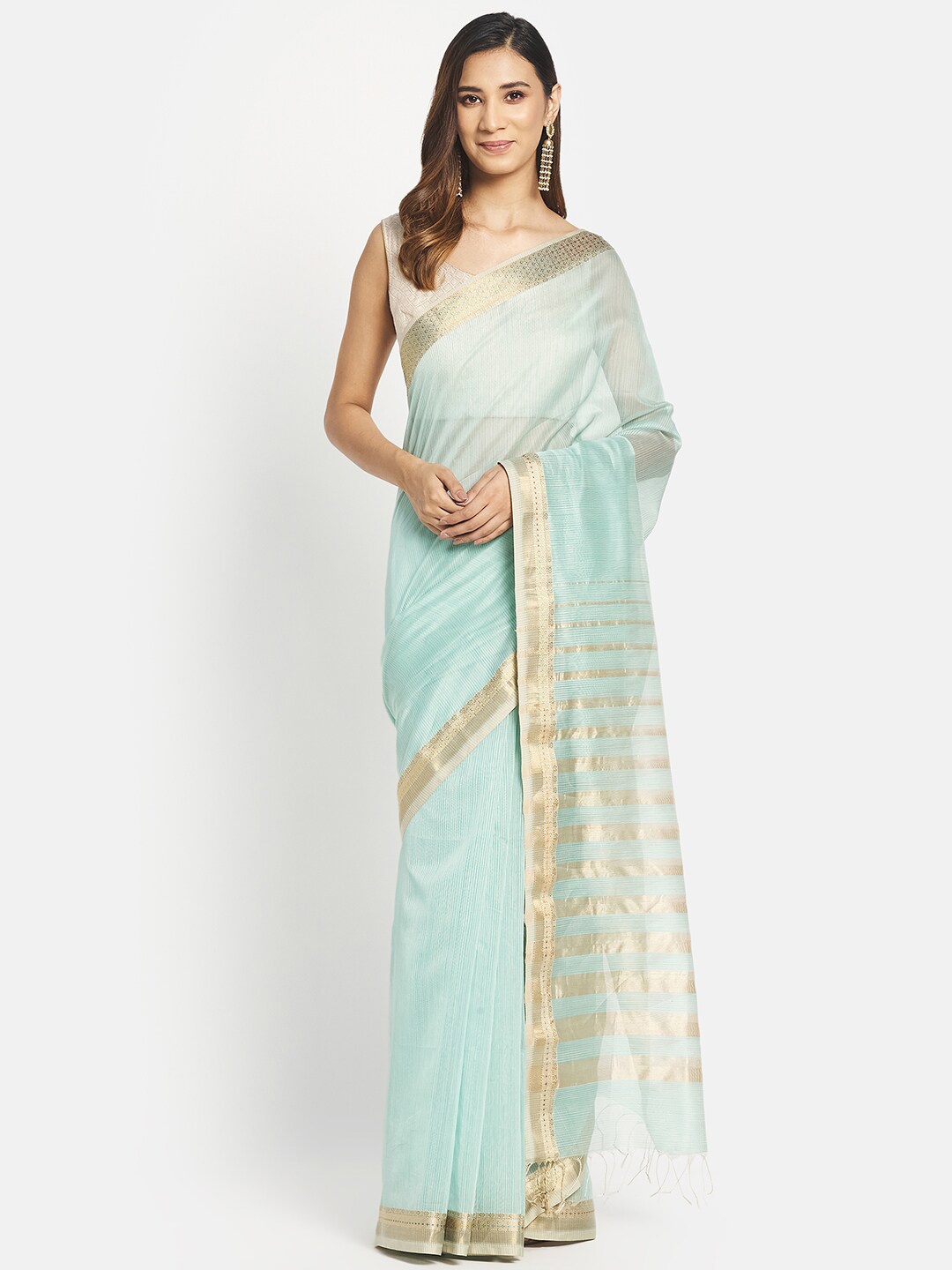 

Fabindia Blue & Gold-Toned Zari Silk Cotton Maheshwari Saree