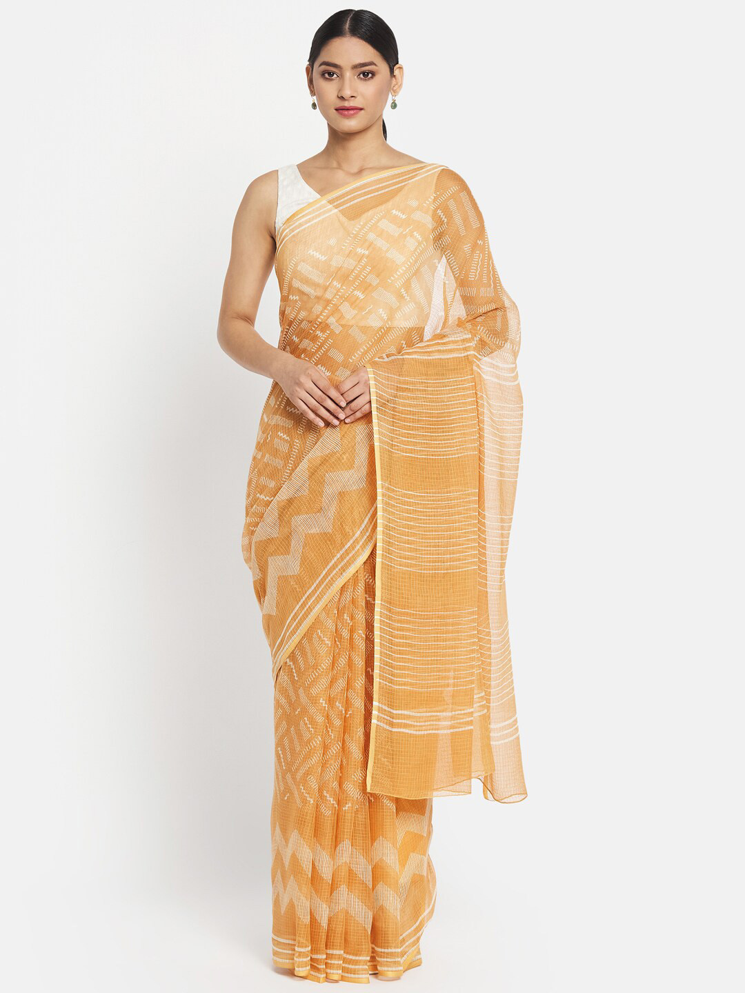 

Fabindia Yellow & White Batik Silk Cotton Ready to Wear Block Print Saree