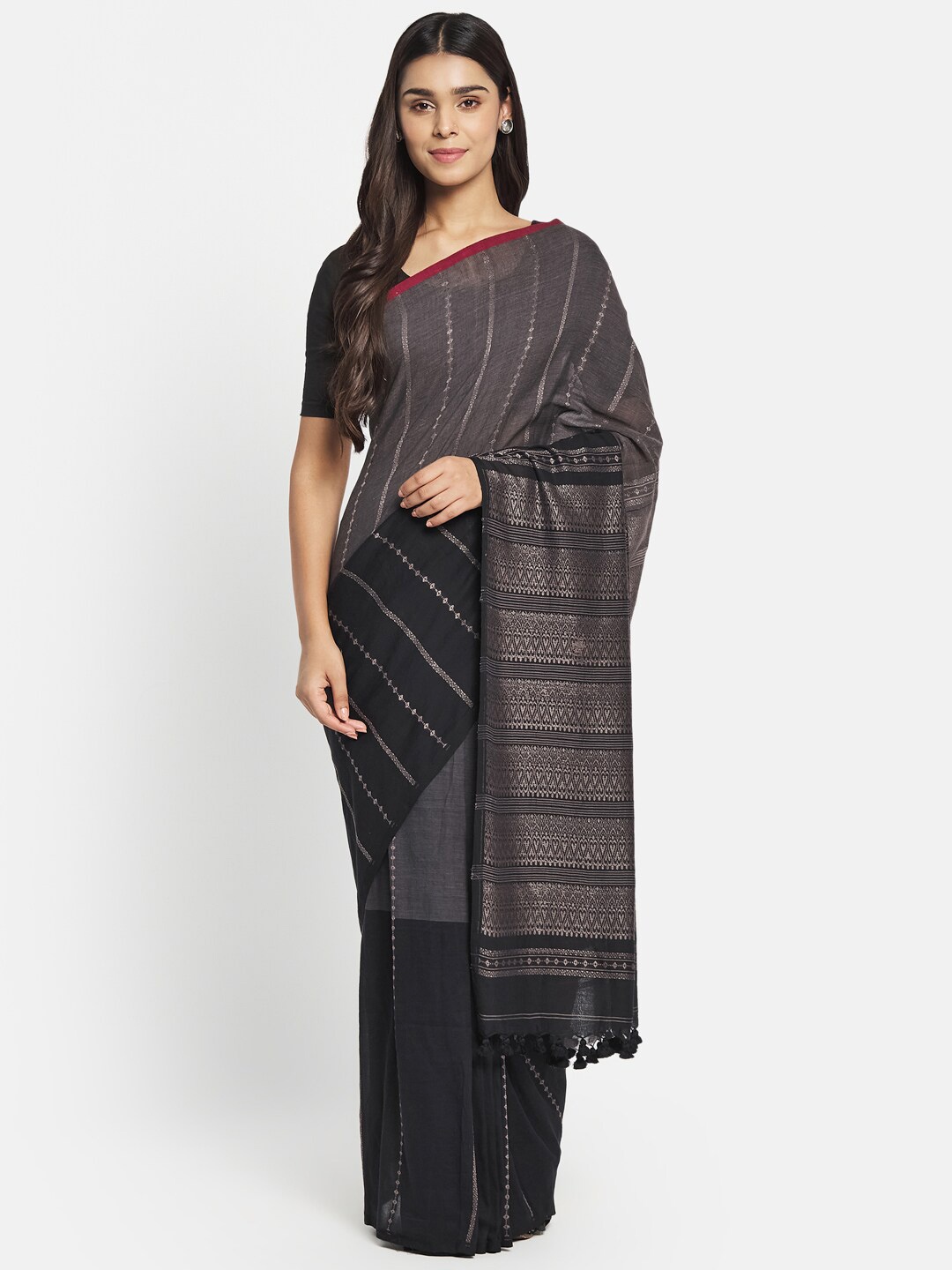 

Fabindia Black & Silver-Toned Ethnic Motifs Zari Pure Cotton Saree