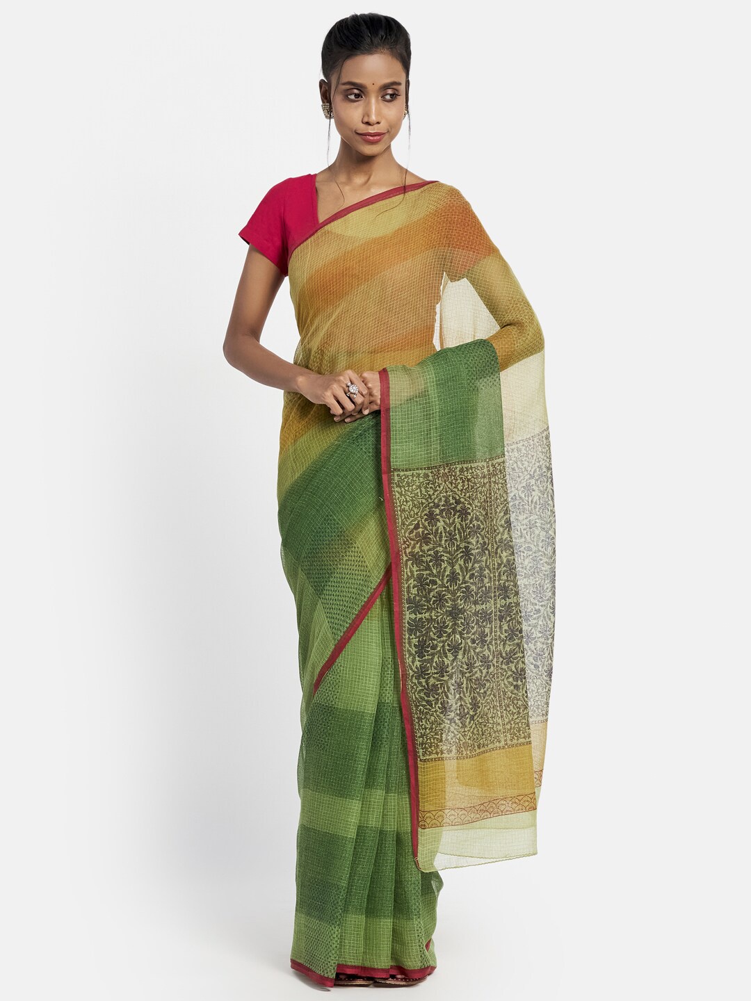 

Fabindia Green & Pink Floral Silk Cotton Block Print Saree