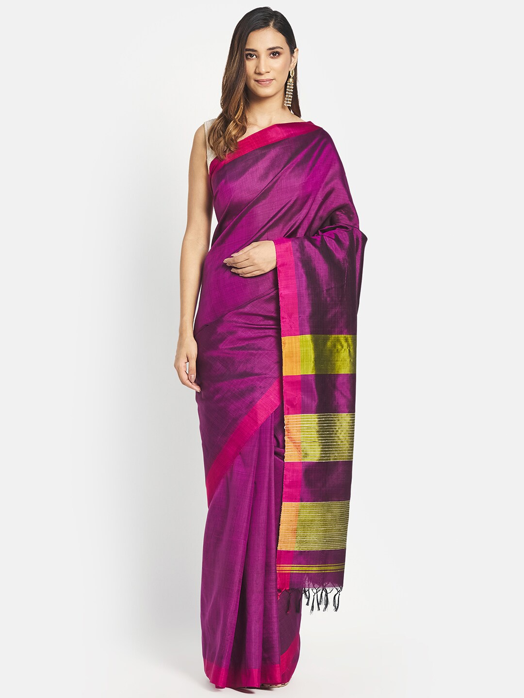 

Fabindia Purple & Green Striped Pure Silk Ready to Wear Saree