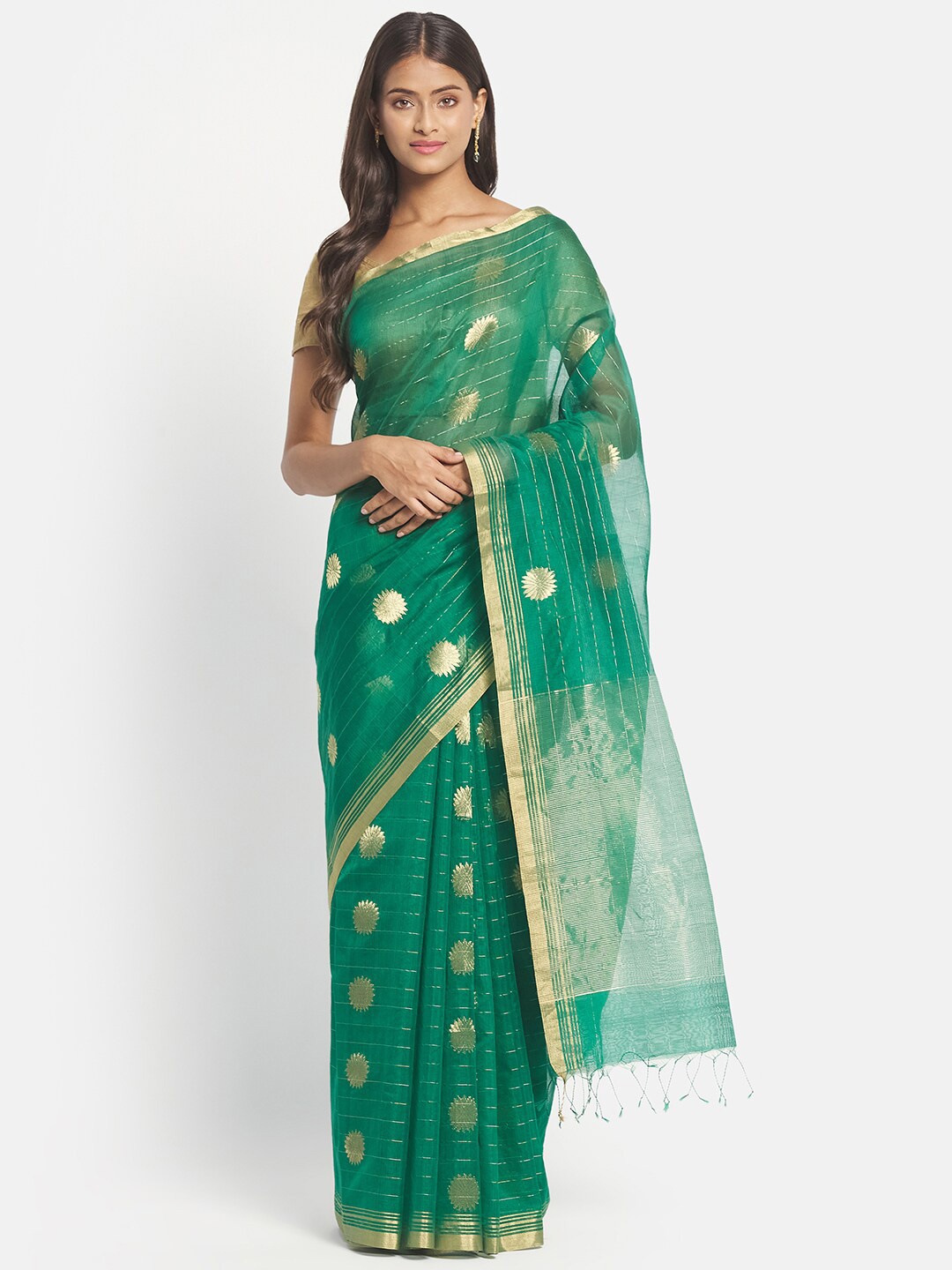 

Fabindia Green & Gold-Toned Ethnic Motifs Zari Silk Cotton Ready to Wear Chanderi Saree