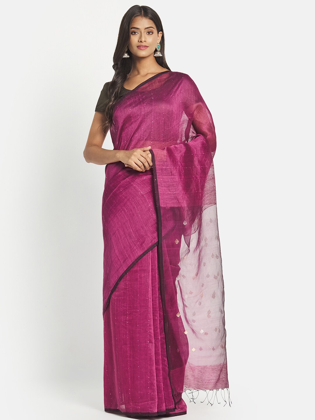 

Fabindia Purple & Black Woven Design Zari Linen Blend Jamdani Saree