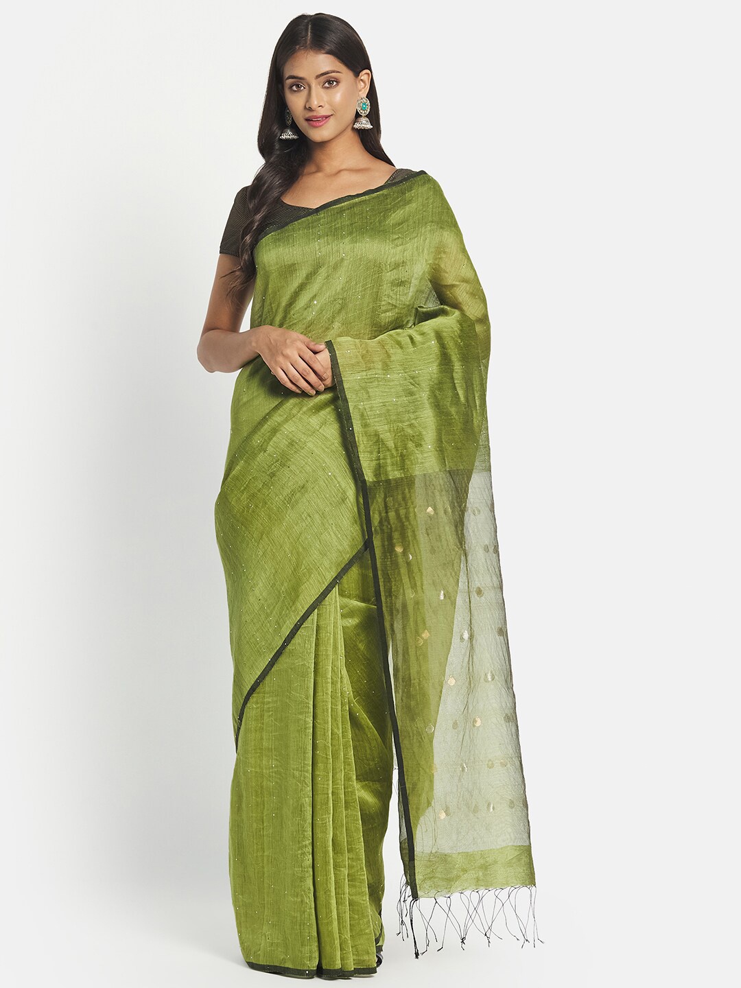 

Fabindia Women Green & Black Woven Design Sequinned Linen Blend Jamdani Saree
