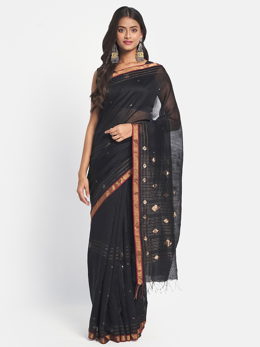 

Fabindia Black & Gold-Toned Woven Design Zari Silk Cotton Jamdani Saree