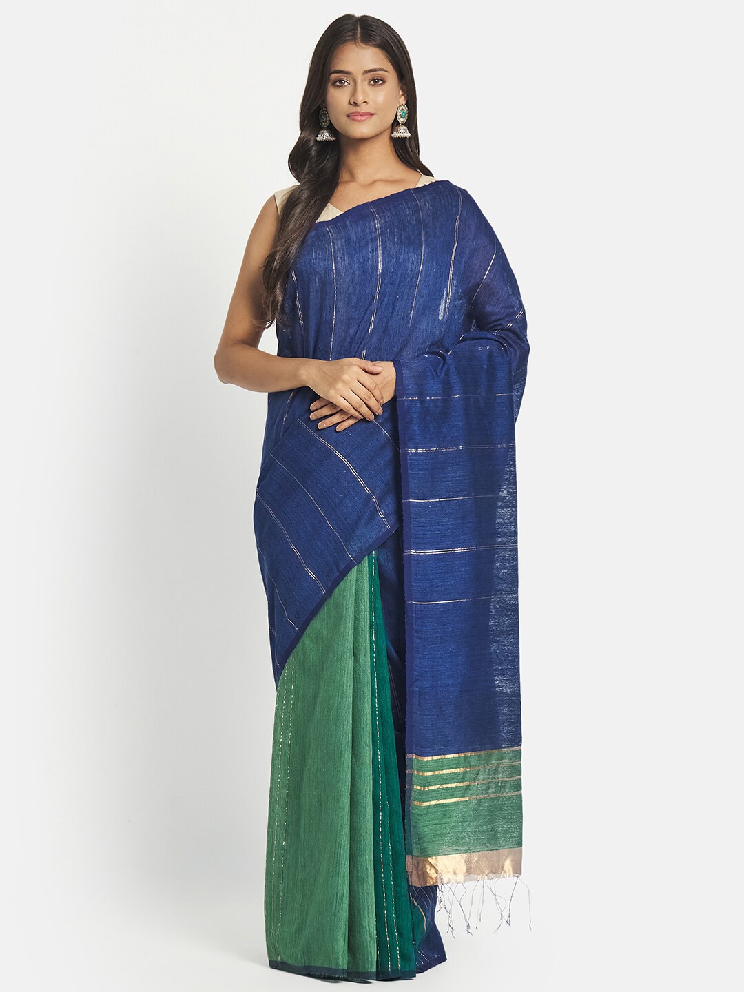 

Fabindia Blue & Green Woven Design Zari Pure Silk Saree