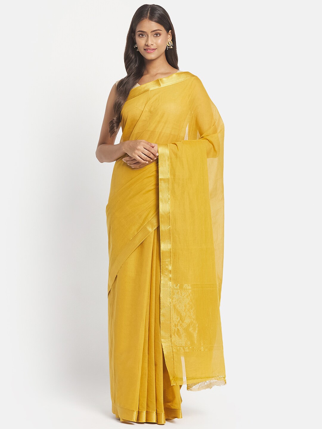 

Fabindia Mustard & Gold-Toned Zari Solid Pure Cotton Saree