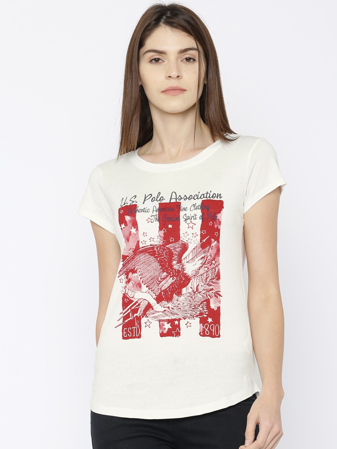 

U.S. Polo Assn. Women White & Red Printed Round Neck T-shirt