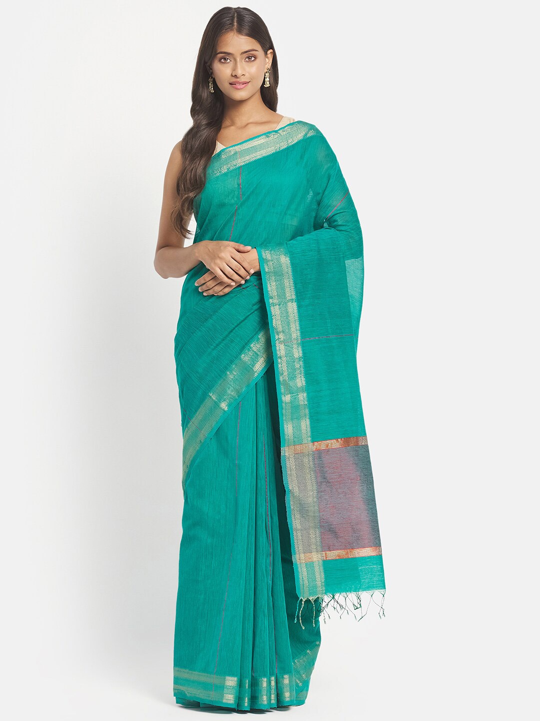 

Fabindia Green & Gold-Toned Zari Silk Cotton Maheshwari Saree