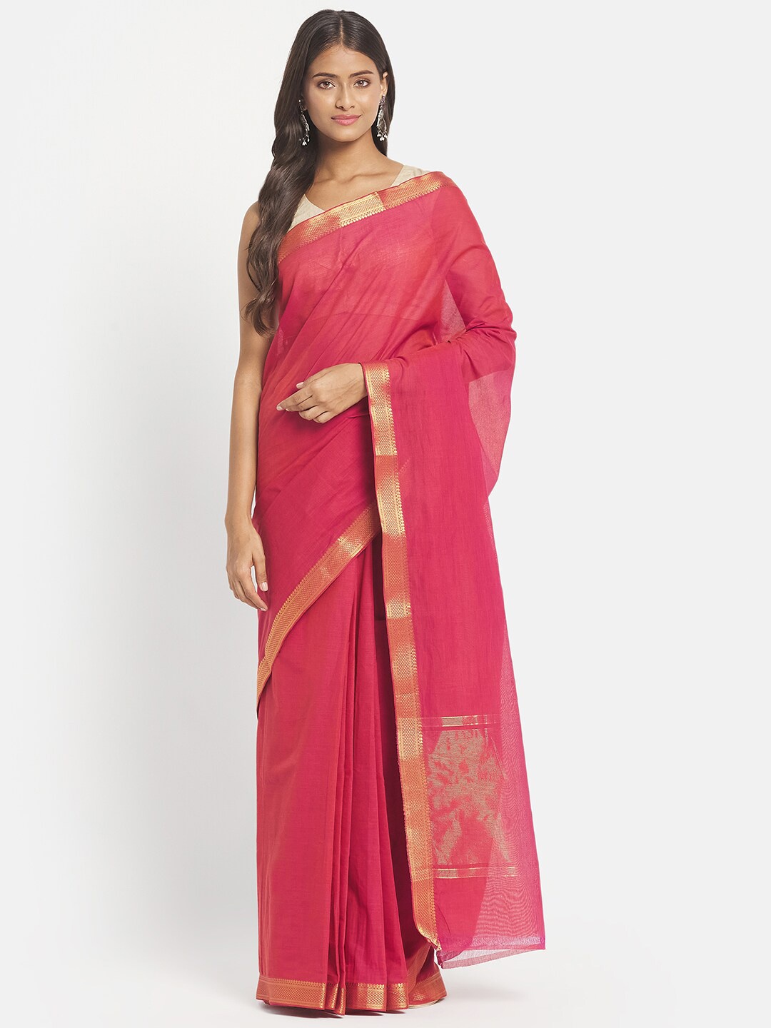 

Fabindia Pink & Gold-Toned Woven Design Zari Pure Cotton Ready to Wear Saree