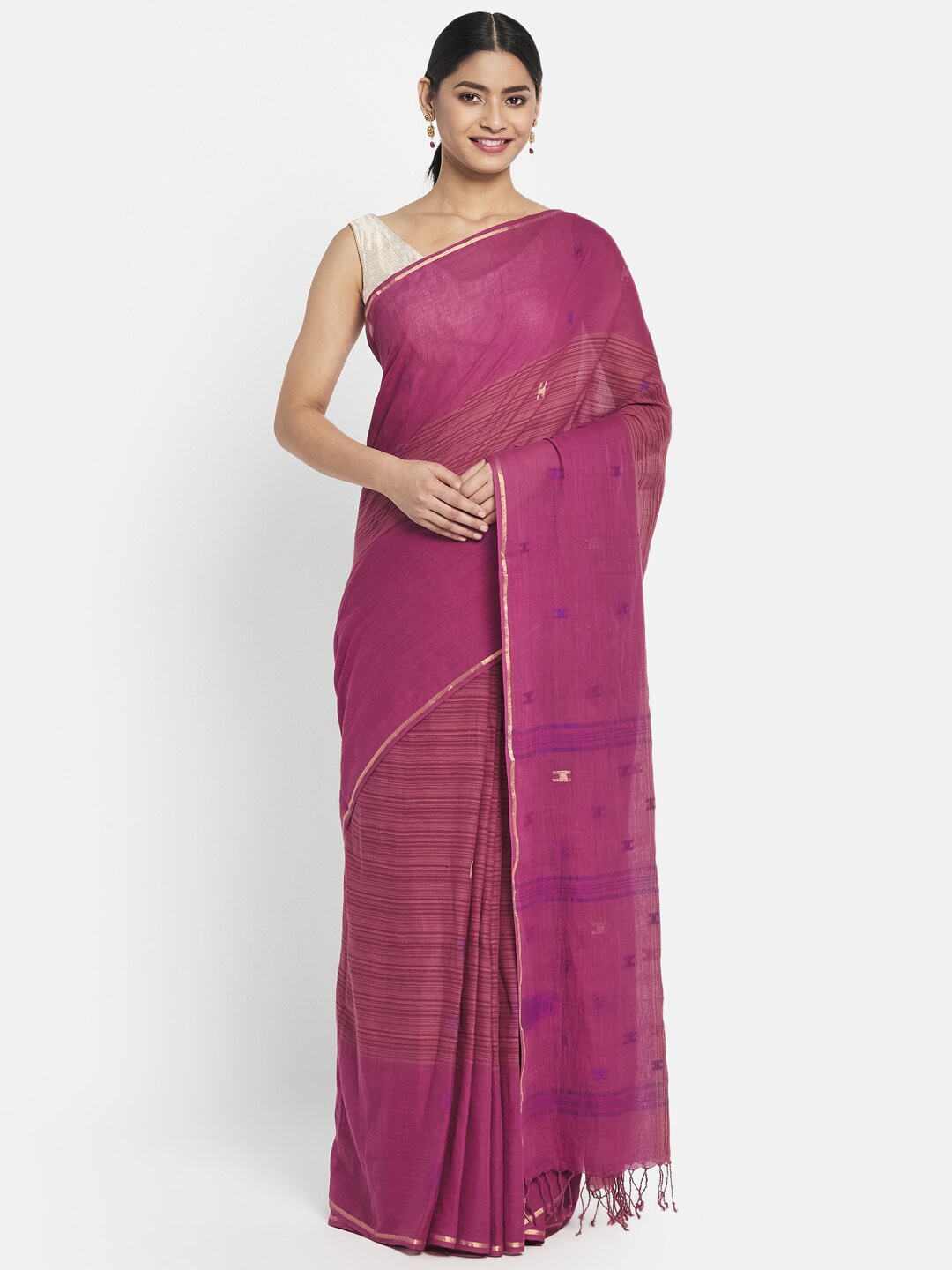 

Fabindia Pink & Purple Woven Design Zari Pure Cotton Jamdani Saree