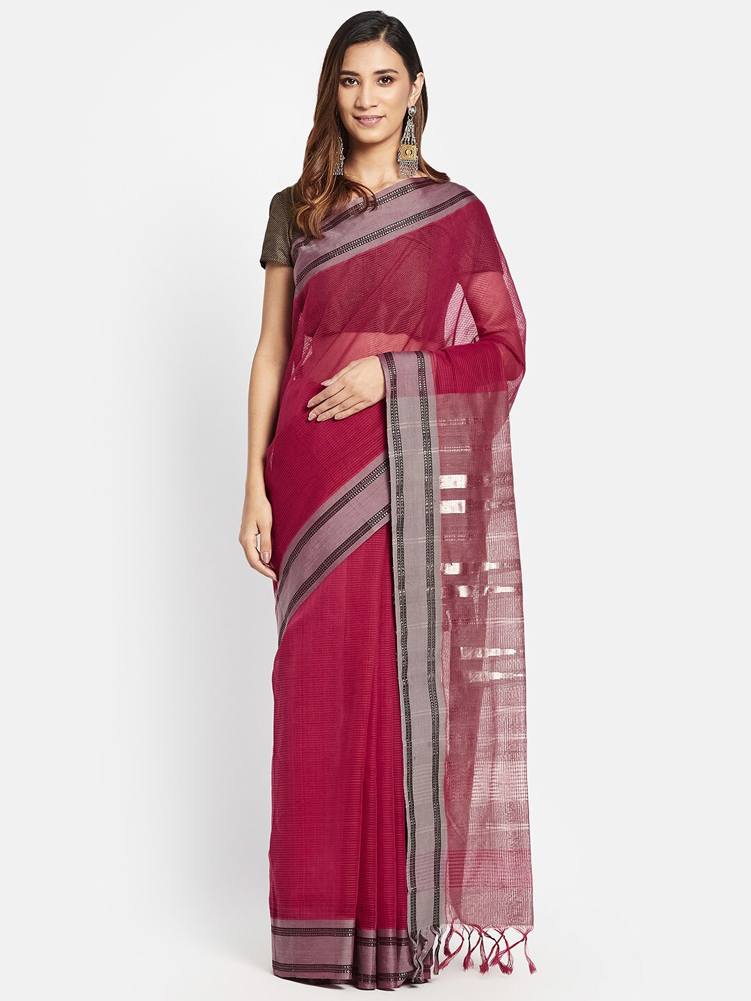 

Fabindia Pink & Grey Woven Design Zari Pure Cotton Saree