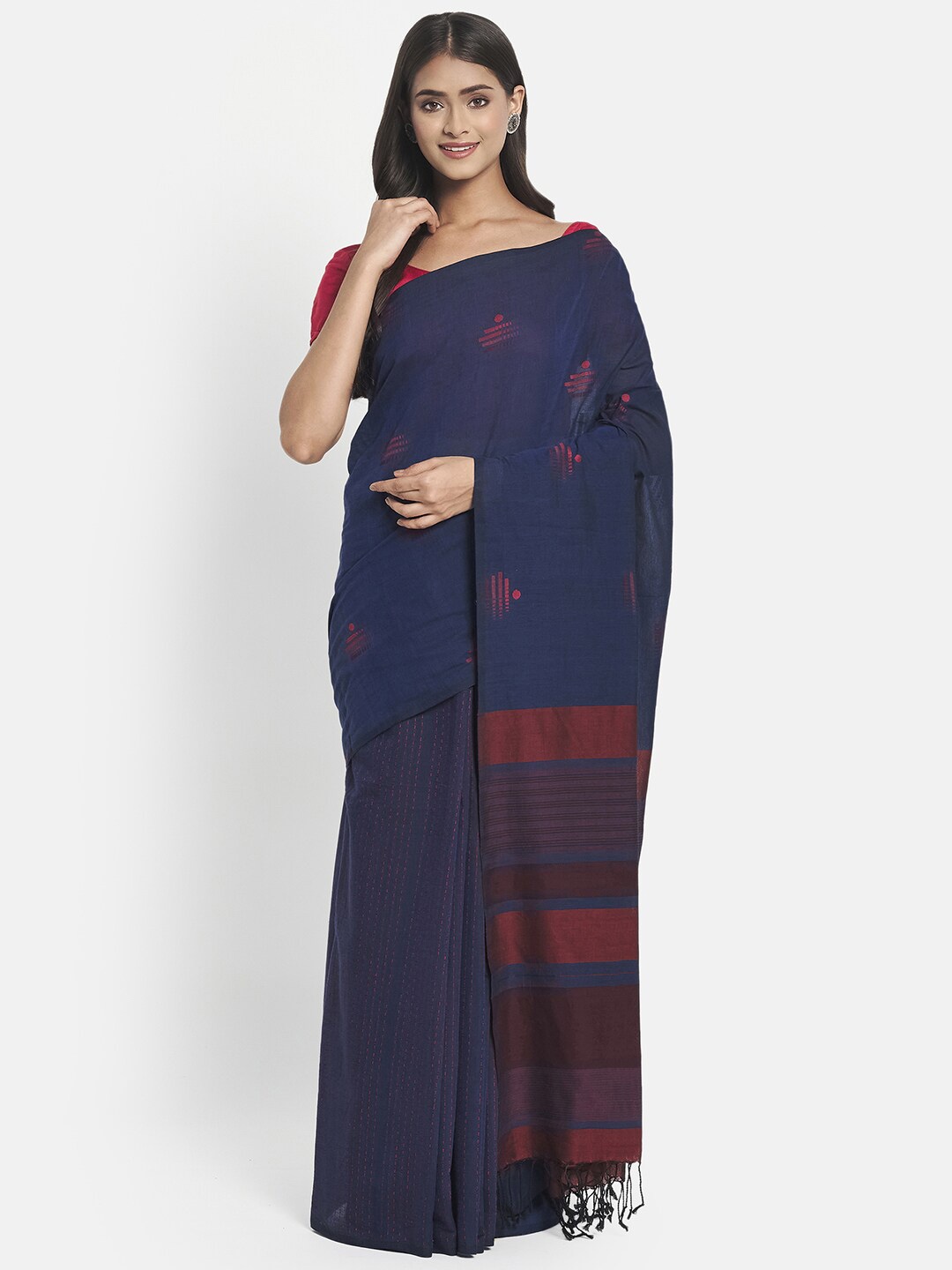 

Fabindia Blue & Red Pure Cotton Jamdani Saree