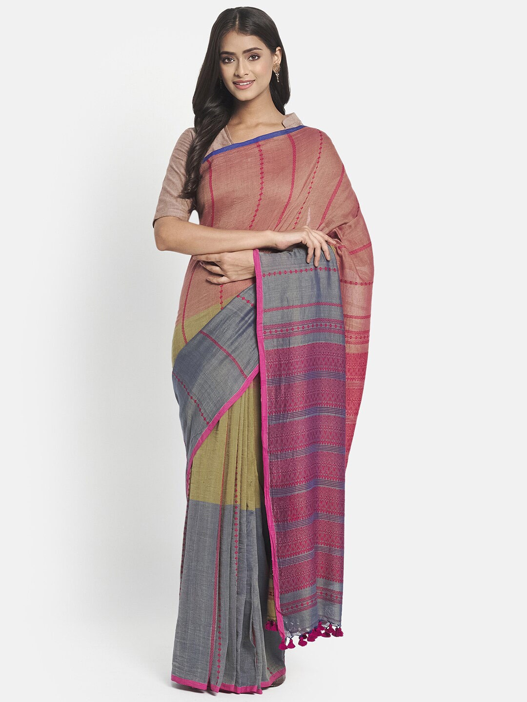 

Fabindia Pink & Grey Colourblocked Pure Cotton Saree