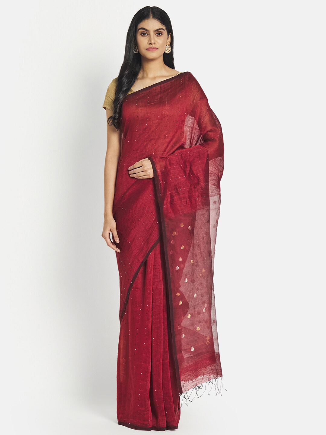 

Fabindia Maroon & Brown Ethnic Motifs Zari Jamdani Saree