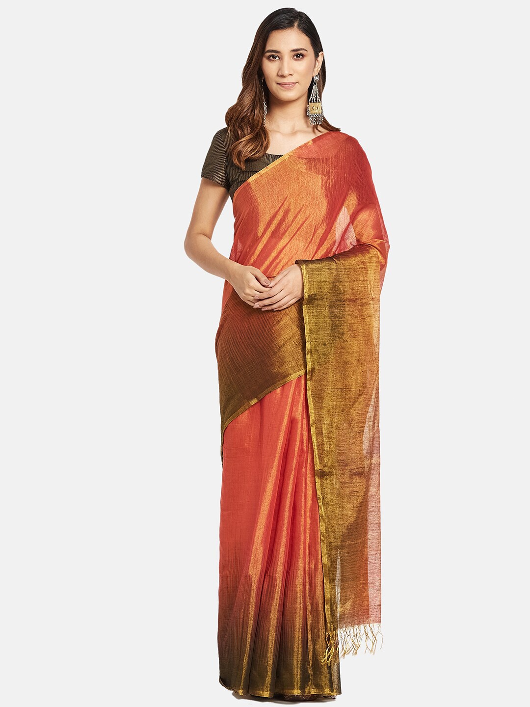 

Fabindia Black & Orange Woven Design Silk Cotton Saree