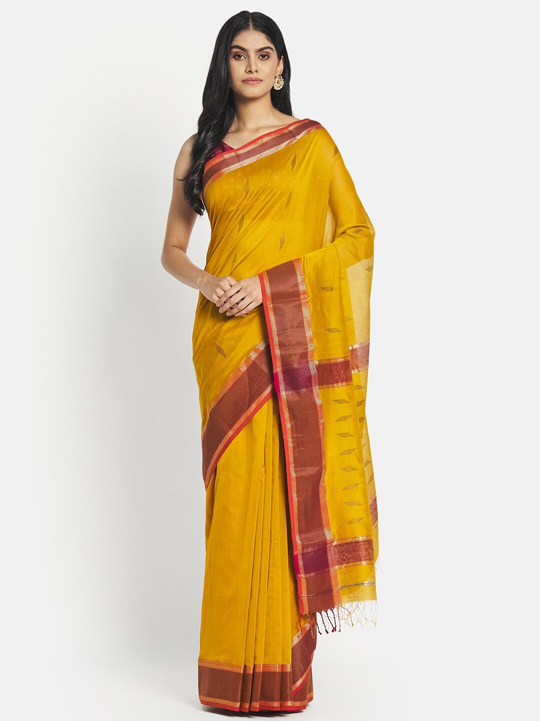 

Fabindia Mustard & Red Woven Design Silk Cotton Ready to Wear Maheshwari Saree