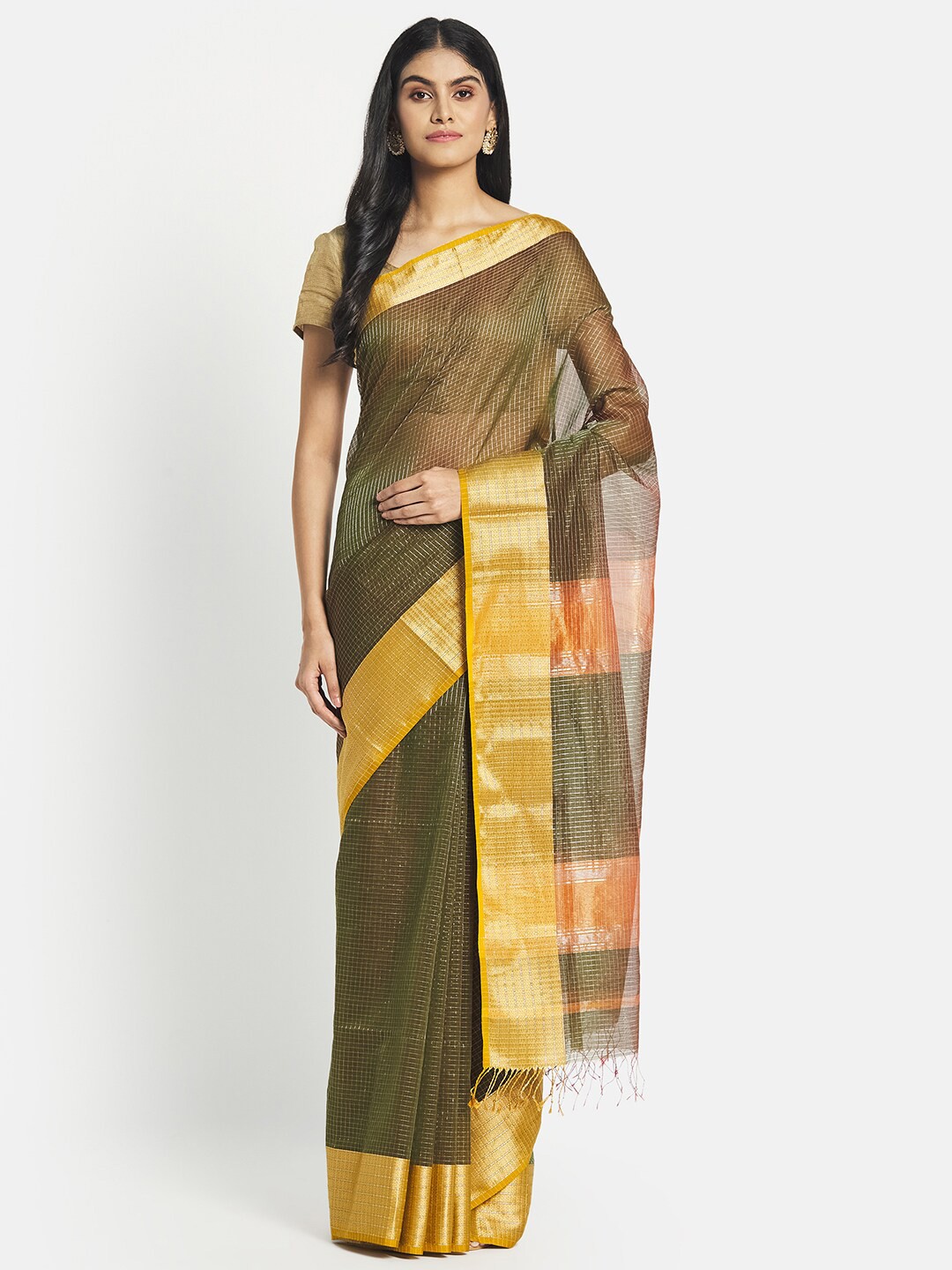

Fabindia Green & Yellow Woven Design Zari Silk Cotton Maheshwari Saree