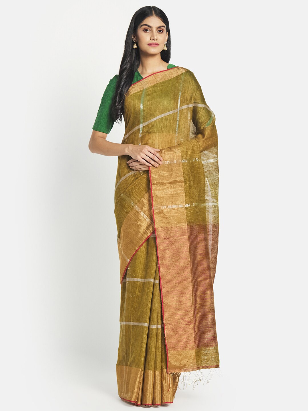 

Fabindia Green & Gold-Toned Woven Design Zari Pure Silk Saree