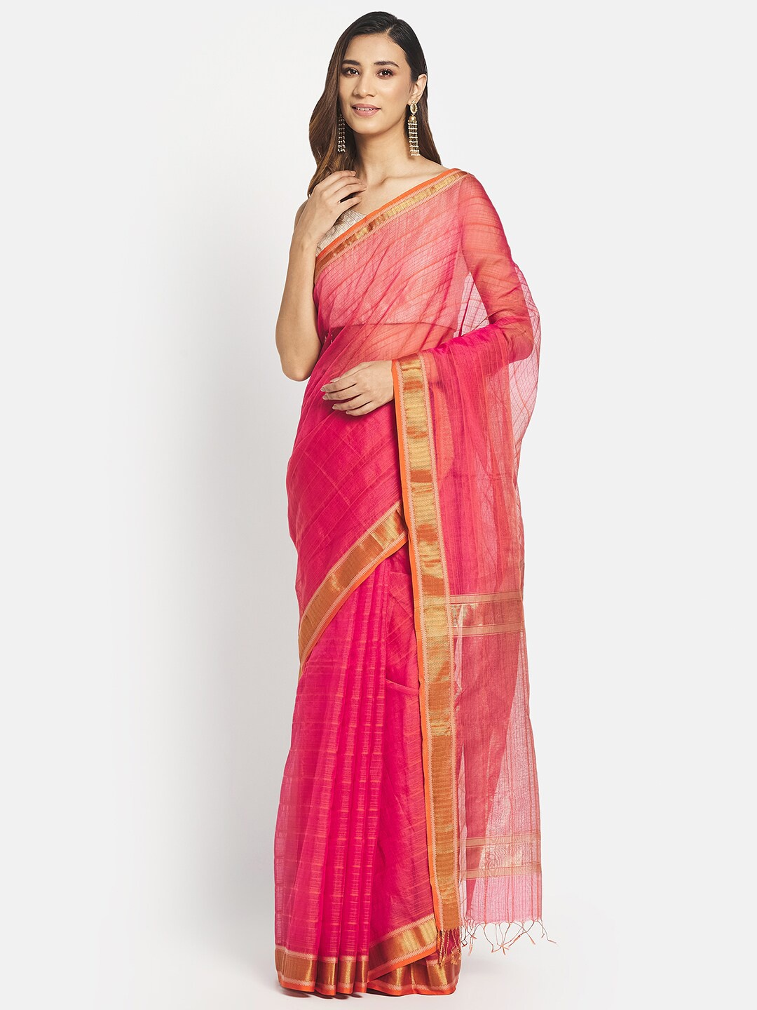 

Fabindia Pink & Gold-Toned Striped Zari Silk Cotton Maheshwari Saree